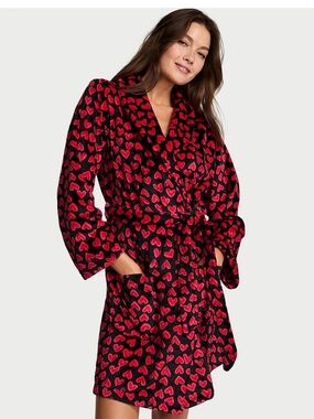 Victoria Secret Plush Heart Print Wrap Robe - Red & Black